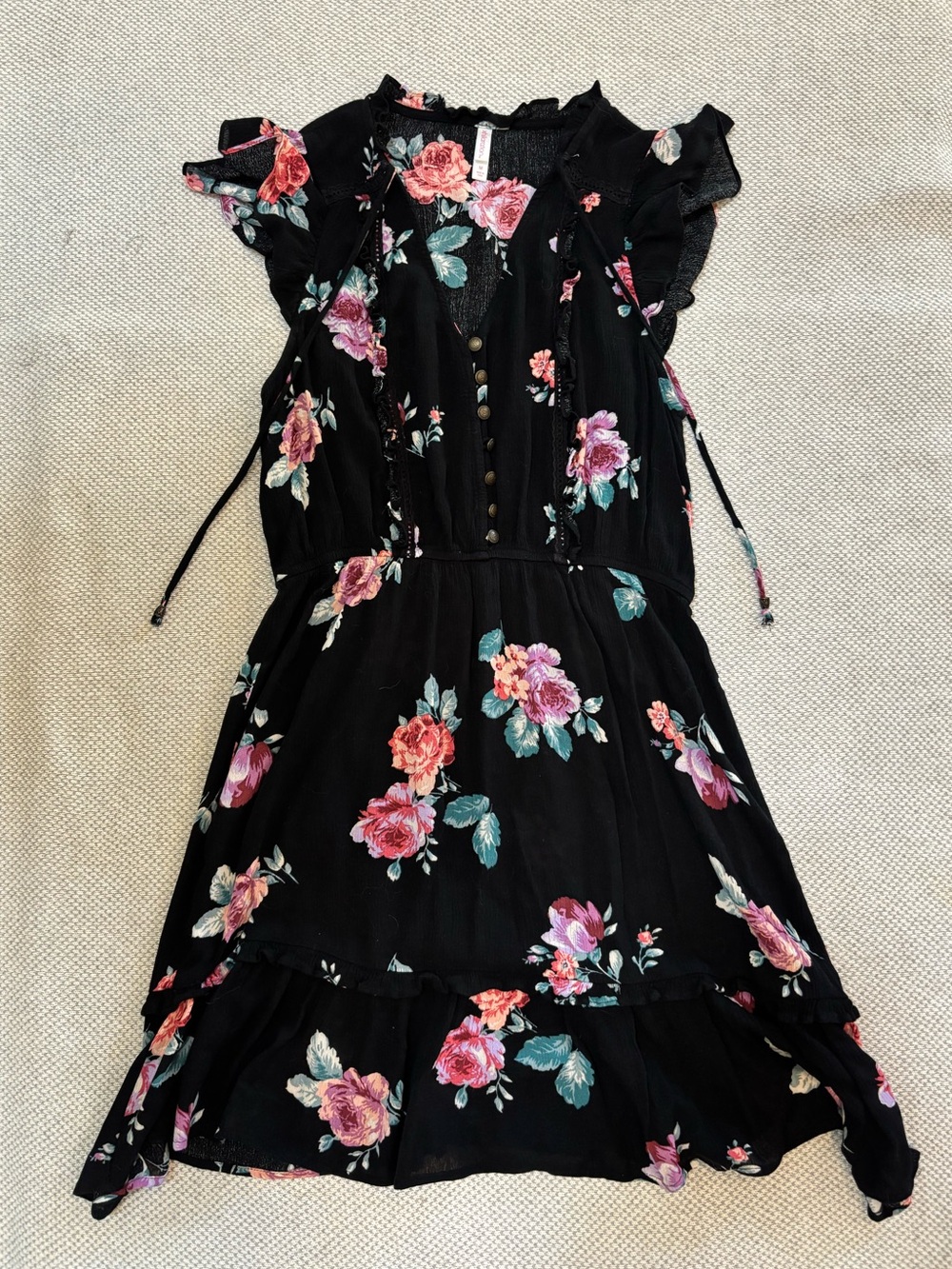 Xhilaration Black Floral Ruffle Boho Dress Size M